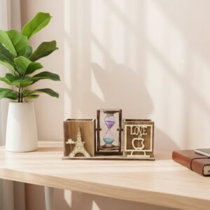 AR1668-Vintage Wooden Hourglass Pen Stand & Desk Organizer