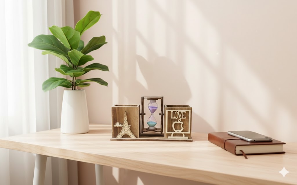 AR1668-Vintage Wooden Hourglass Pen Stand & Desk Organizer