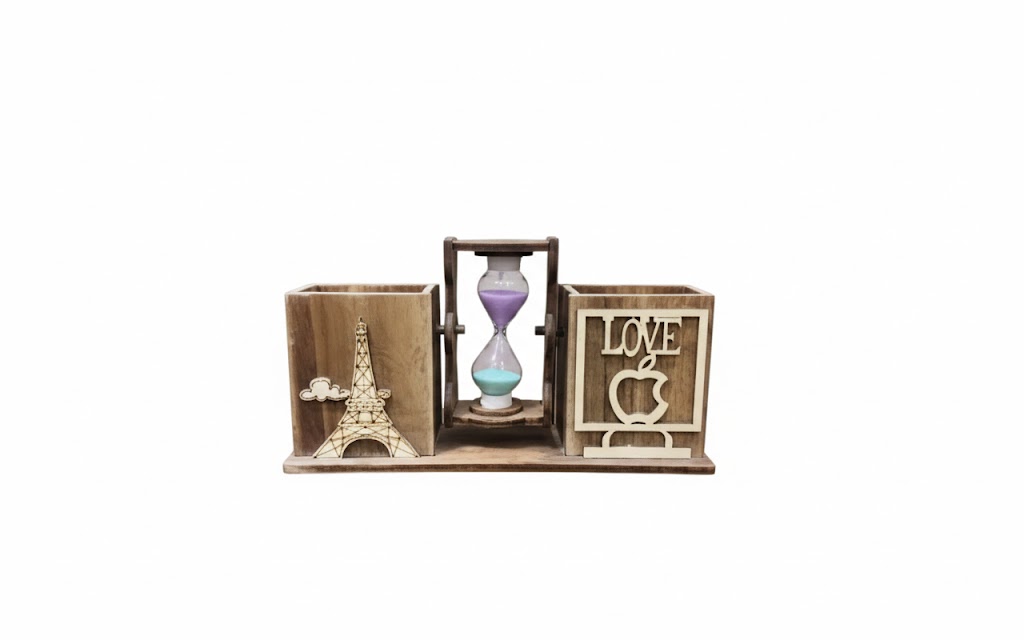 AR1668-Vintage Wooden Hourglass Pen Stand & Desk Organizer - Image 2