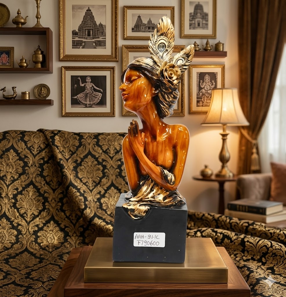 AAA-61C ( Golden Elegance Lady Figurine with Feather Crown ) Height-14 INCH | Width-4 INCH