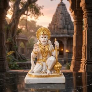 AH-84 ( Divine Blessings Lord Hanuman Marble Idol with Golden Mace ) Height-8 INCH | Width-6 INCH