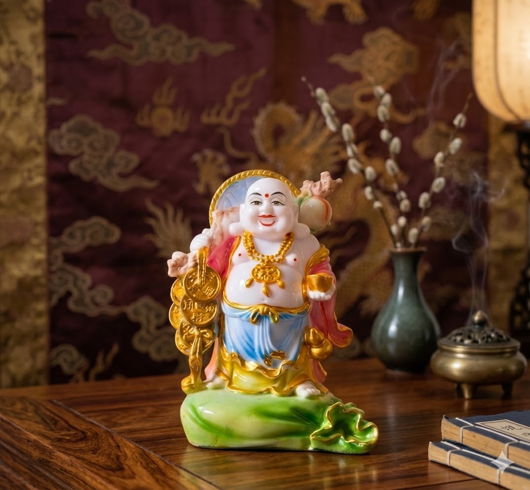 Budha 4 c (Lucky Coin Laughing Buddha Decorative Idol) Height-9 Inch Width-5 Inch