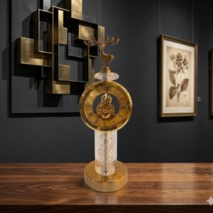 ( Golden Deer Skeleton Table Clock with Crystal Column Base ) Height-10 INCH | Width-4 INCH