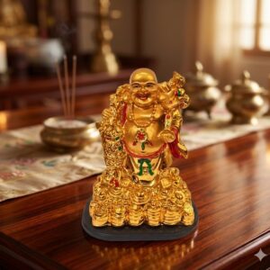 31.A  ( Golden Laughing Buddha on Money Bed ) Height-10 Inch Width-8 Inch