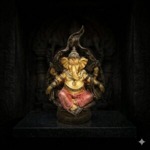 74016 (Golden Majestic Ganesha Sitting Statue on Intricate Base) Height-11 Inch Width-5 Inch