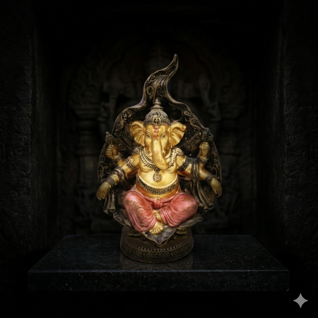 74016 (Golden Majestic Ganesha Sitting Statue on Intricate Base) Height-11 Inch Width-5 Inch
