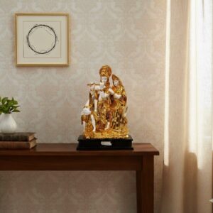 1109 ( Premium Gold-Finish Radha Krishna Murti on Wooden Base ) Height-13.5 Inch Width-10 Inch