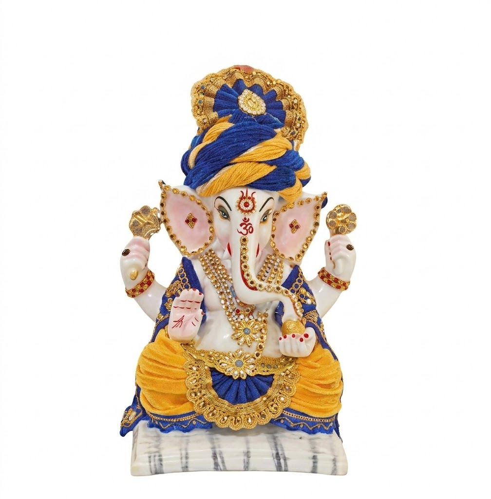 1 V717 ( Royal Shree Ganesh Idol with Turban – Decorative Marble Finish Statue ) Height-30 cm | Width-17 cm - Image 2