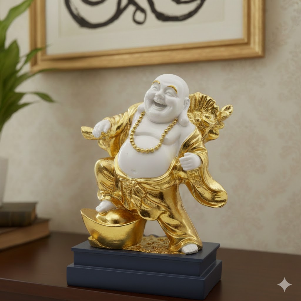 WG-04 ( Budai Prosperity White & Gold Laughing Buddha Statue ) Height-41 cm | Width-30 cm