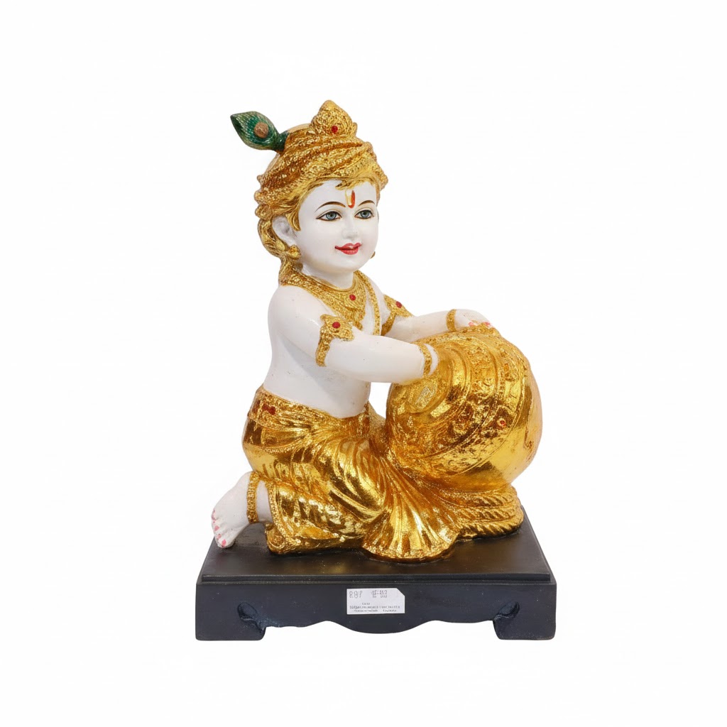 WG-815 ( Krishna Bal Krishna Makhan Chor – White & Gold Divine Idol ) Height-47 cm | Width-30 cm - Image 2