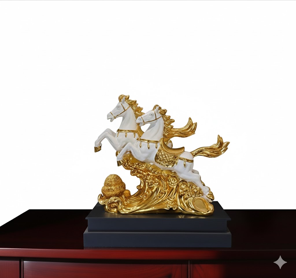 WG-318 ( Golden Twin Horse Prosperity Sculpture ) Height-48 cm | Width-47 cm - Image 2