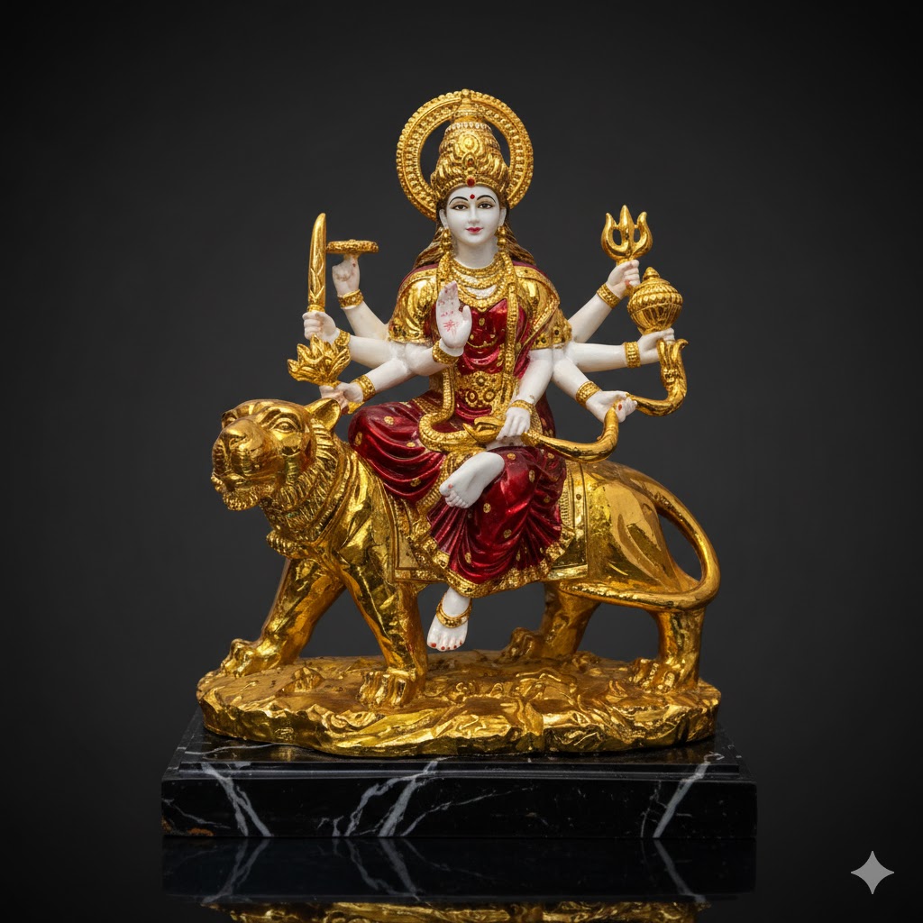 WR.504 ( Golden Goddess Durga Maa Durga Sitting on Tiger Idol ) Height-49 cm | Width-40 cm
