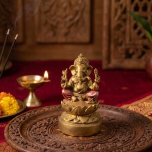 Ganesha Brass Idol (Seated on Lotus Base) Height-8 INCH | Width-4 INCH