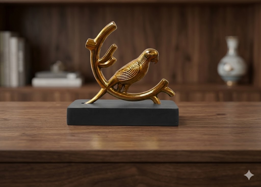 Parrot gold-17 ( Golden Perched Parrot Decorative Sculpture ) Height-4 INCH | Width-4 INCH