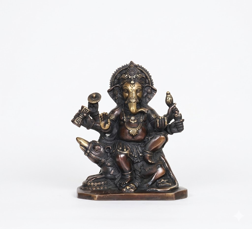 R-350023 ( Lord Ganesha (Traditional Brass Finish Ganesha Idol with Mushak ) Height-7 INCH | Width-6 INCH - Image 2