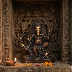 R-350023 ( Lord Ganesha (Traditional Brass Finish Ganesha Idol with Mushak ) Height-7 INCH | Width-6 INCH