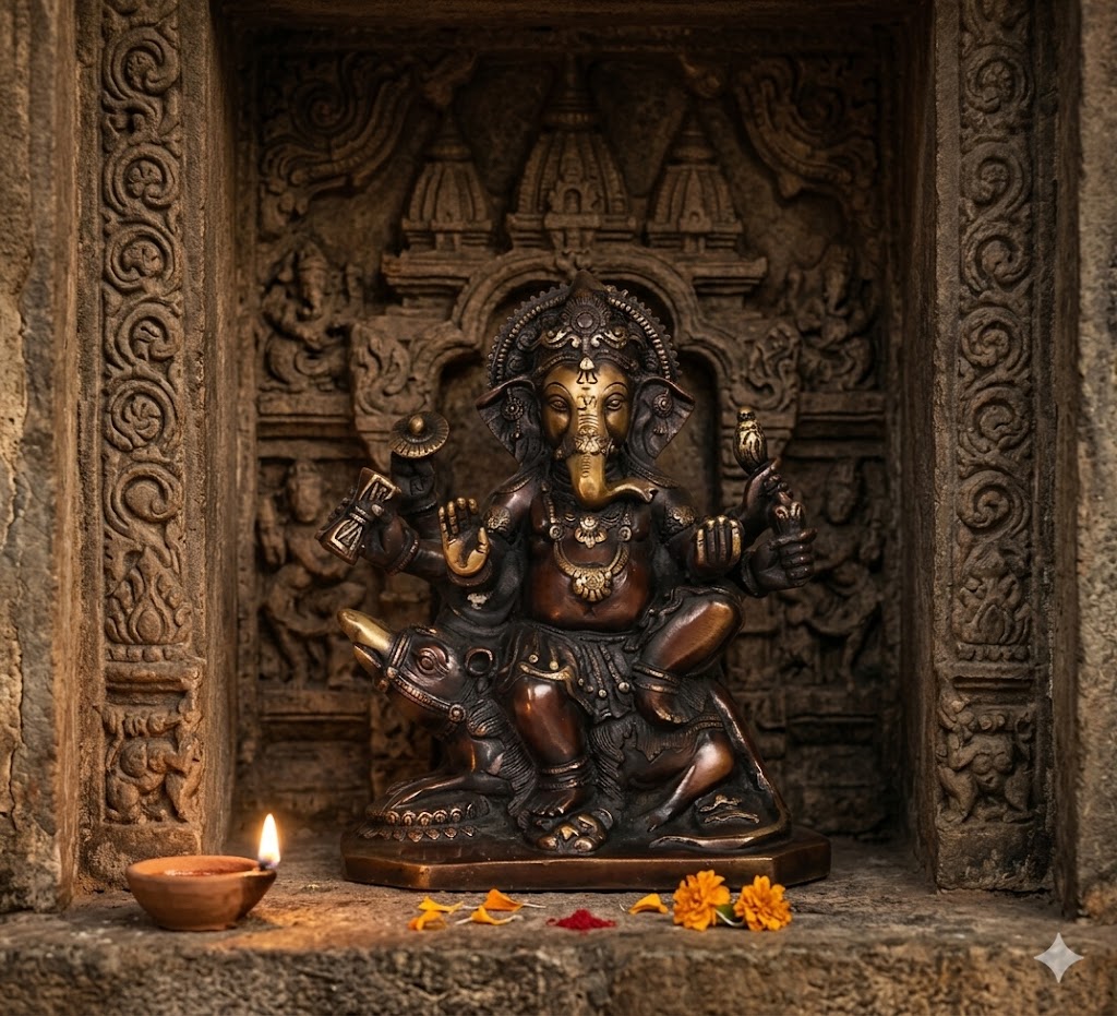 R-350023 ( Lord Ganesha (Traditional Brass Finish Ganesha Idol with Mushak ) Height-7 INCH | Width-6 INCH