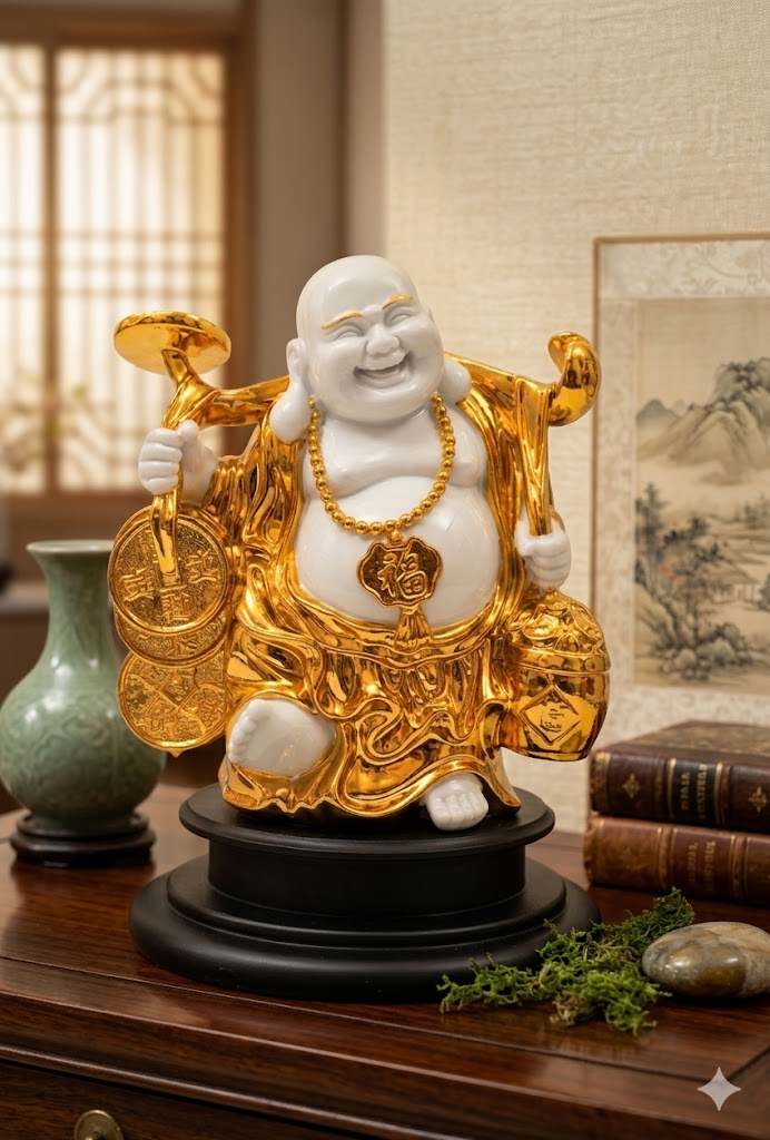 WG-2070 ( Golden Prosperity Laughing Buddha Showpiece ) Height-12 INCH | Width-8 INCH