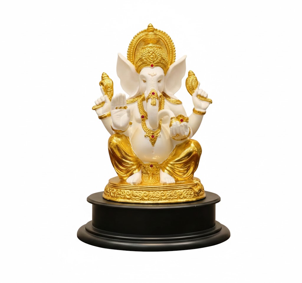 WG-435 ( Grand Lord Ganesha White & Gold Royal Sitting Idol ) Height-10 INCH | Width-6 INCH - Image 2