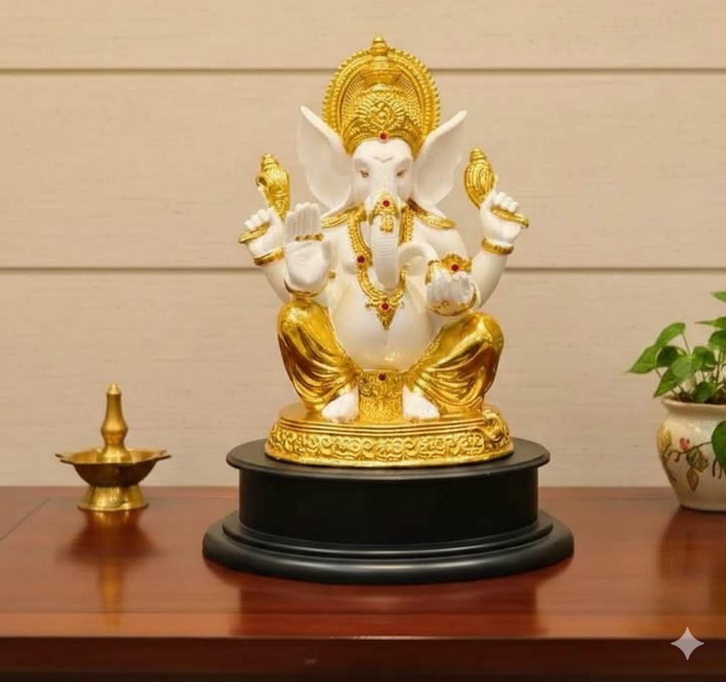 WG-435 ( Grand Lord Ganesha White & Gold Royal Sitting Idol ) Height-10 INCH | Width-6 INCH