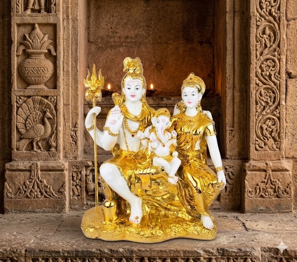 WG-575 ( Golden Idol of Lord Shiva, Goddess Parvati, and Lord Ganesha (Shiv Parivar Statue) )Height-23 INCH | Width-12 INCH