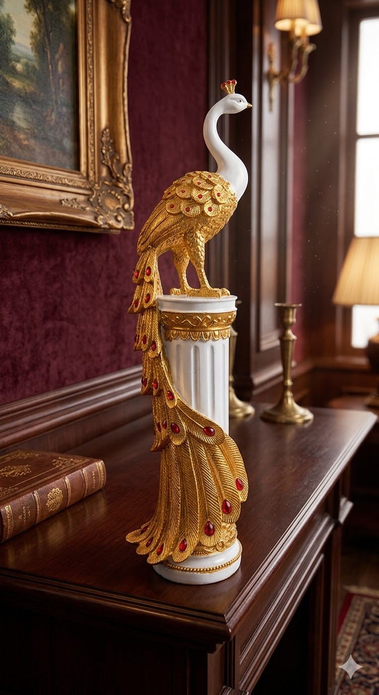 WG-768 ( Royal Golden Peacock Pillar Showpiece ) Height-26 INCH | Width-8 INCH