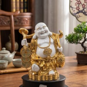 WG-8 ( Golden Prosperity Laughing Buddha Statue with Wealth Coins & Sack ) Height-17 INCH | Width-12 INCH