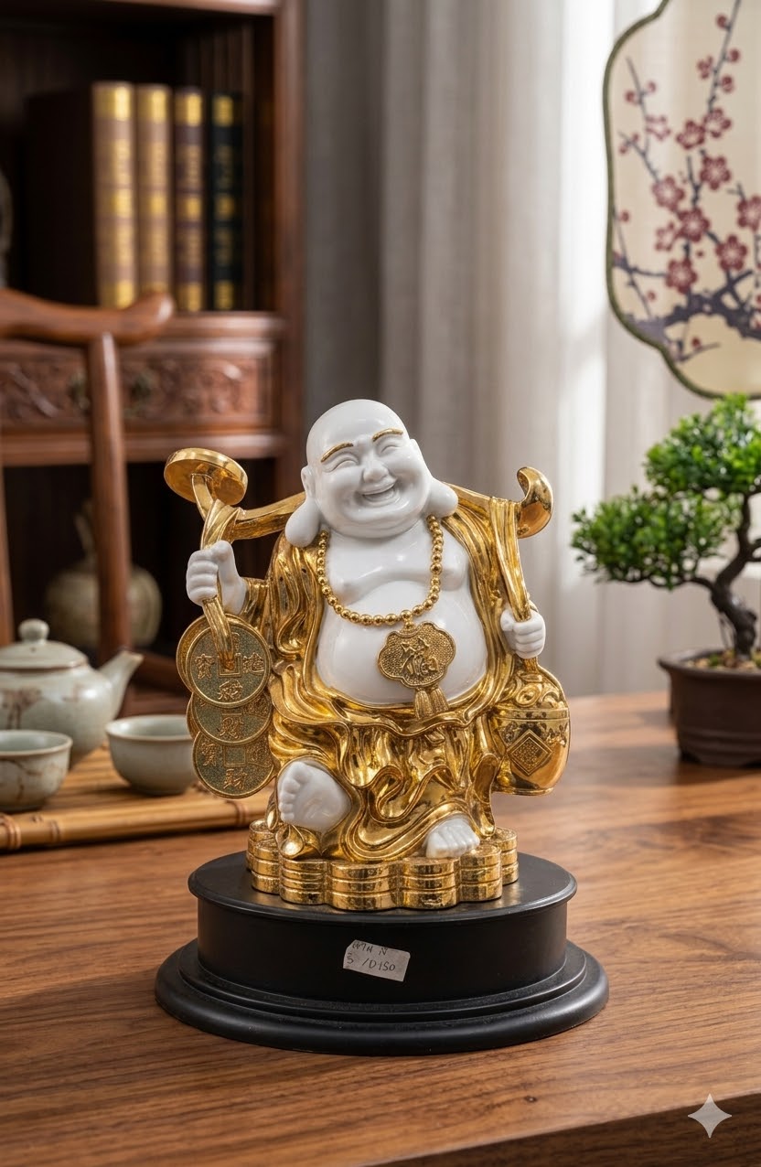 WG-8 ( Golden Prosperity Laughing Buddha Statue with Wealth Coins & Sack ) Height-17 INCH | Width-12 INCH