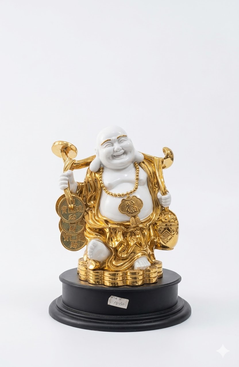 WG-8 ( Golden Prosperity Laughing Buddha Statue with Wealth Coins & Sack ) Height-17 INCH | Width-12 INCH - Image 2