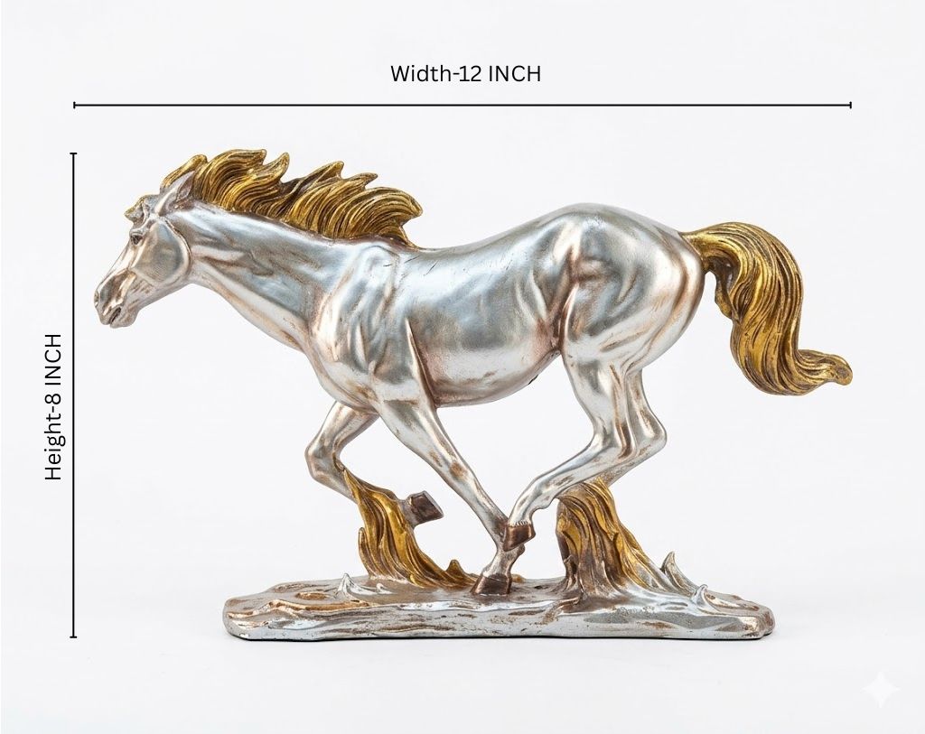 0108 ( Elegant Silver Running Horse Figurine with Golden Tail ) Height-8 INCH | Width-12 INCH - Image 2