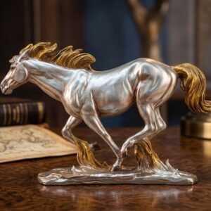 0108 ( Elegant Silver Running Horse Figurine with Golden Tail ) Height-8 INCH | Width-12 INCH