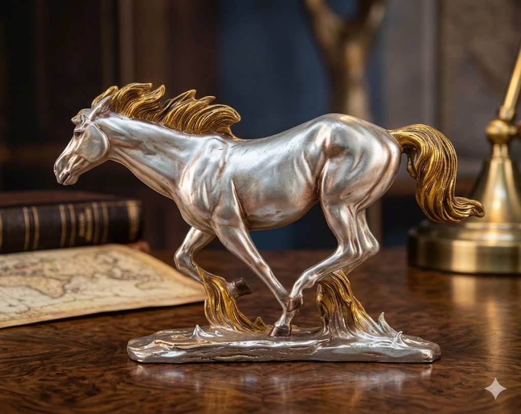0108 ( Elegant Silver Running Horse Figurine with Golden Tail ) Height-8 INCH | Width-12 INCH