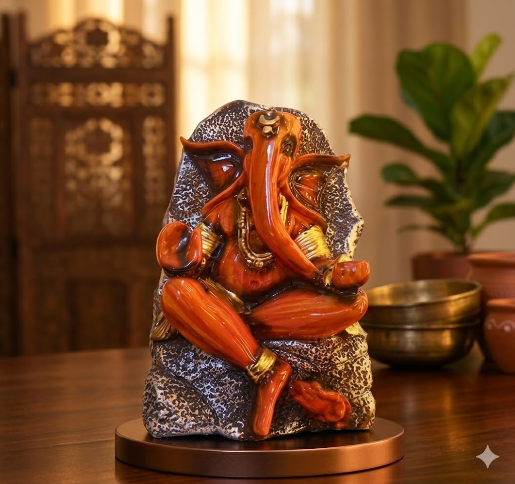 1004 ( Premium Artistic Ganesh Idol – Textured Ceramic Decorative Statue with Base )