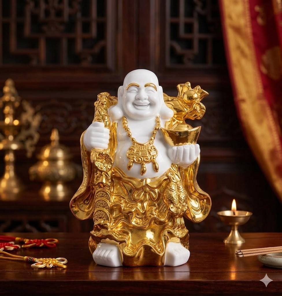 13-NO ( Golden Laughing Buddha Prosperity Idol with Wealth Bowl ) Height-16 INCH | Width-9 INCH