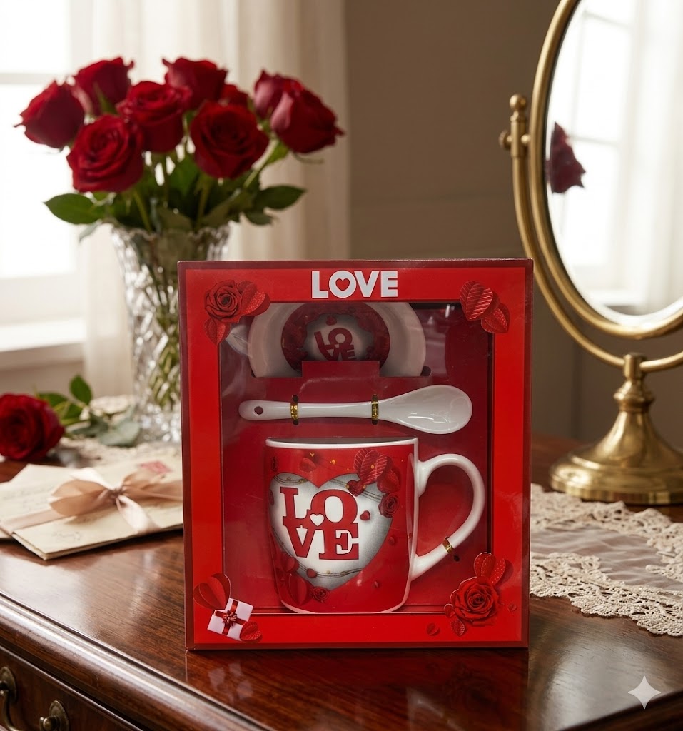 1389 ( Classic Red Love Heart Mug Gift Set with Spoon & Coaster ) Pcs/Ctn.60