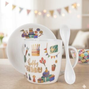 1400 ( Happy Birthday Ceramic Mug Gift Set with Spoon & Plate ) Pcs/Ctn.60