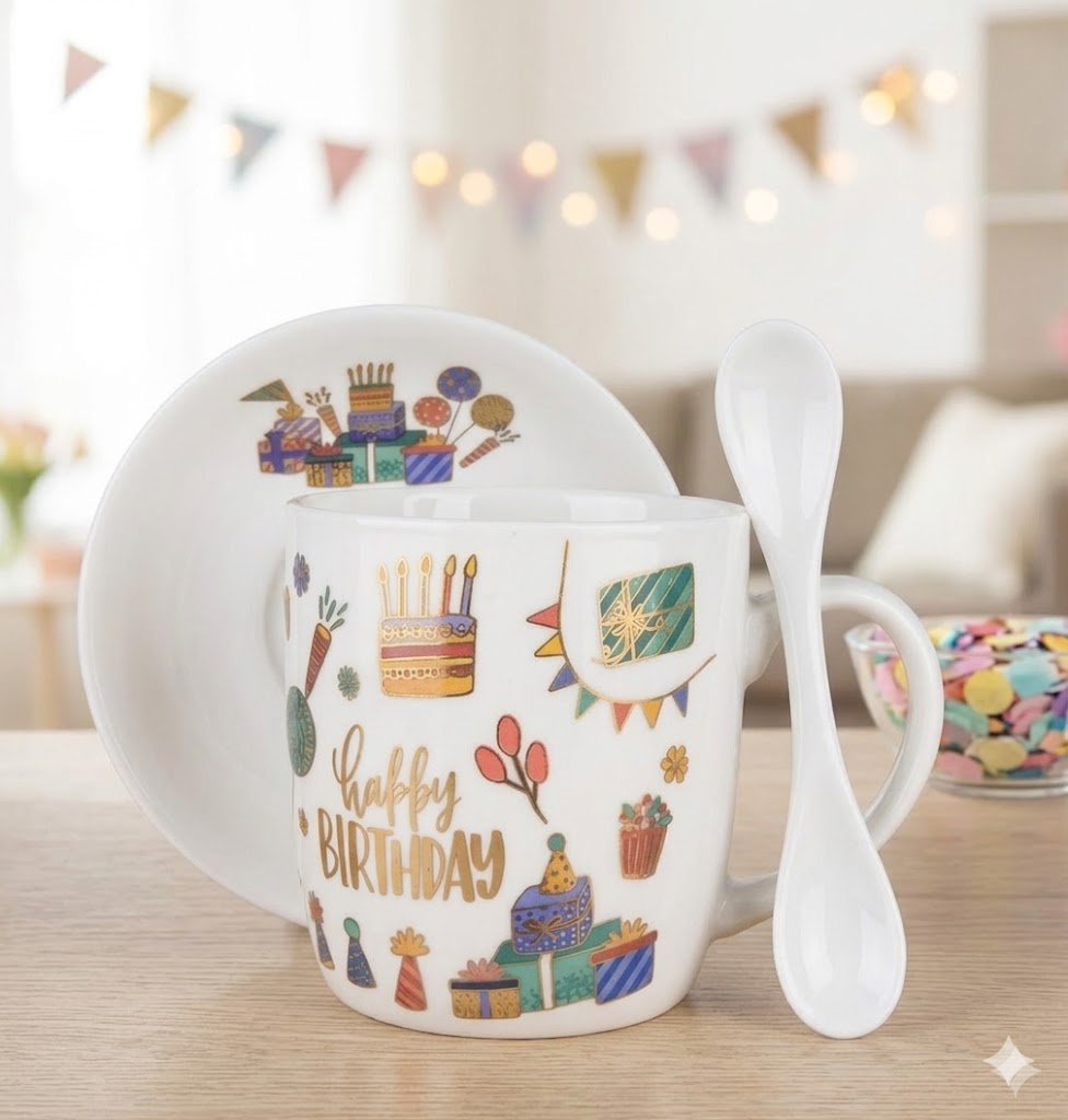 1400 ( Happy Birthday Ceramic Mug Gift Set with Spoon & Plate ) Pcs/Ctn.60