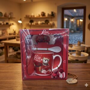 1402 ( Minimalist White Ceramic Mug Gift Set with Spoon & Lid ) Pcs/Ctn.60