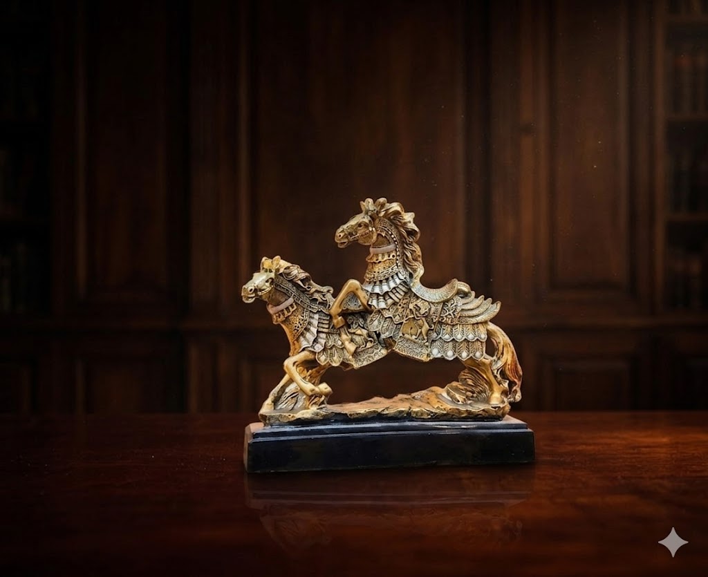 18 No Dh Horse ( Royal Dual Horse Warrior Decorative Showpiece ) Height-14 INCH | Width-15 INCH