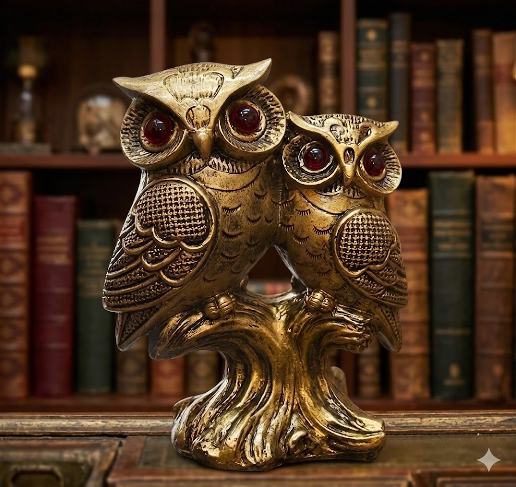 20 No OWL ( Golden Twin Owl Figurine with Ruby Eyes ) Height-7 INCH | Width-5 INCH
