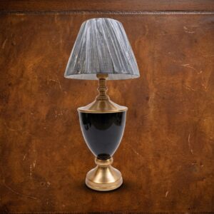 2641 ( Elegant Vintage Black Glass & Brass Table Lamp with Pleated Shade )