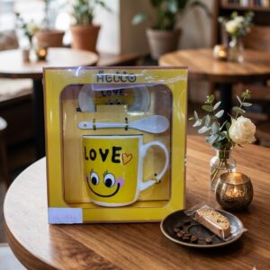 3376 ( Happy Smile Love Mug Gift Set with Spoon & Plate – Yellow Edition ) PcsCtn.60