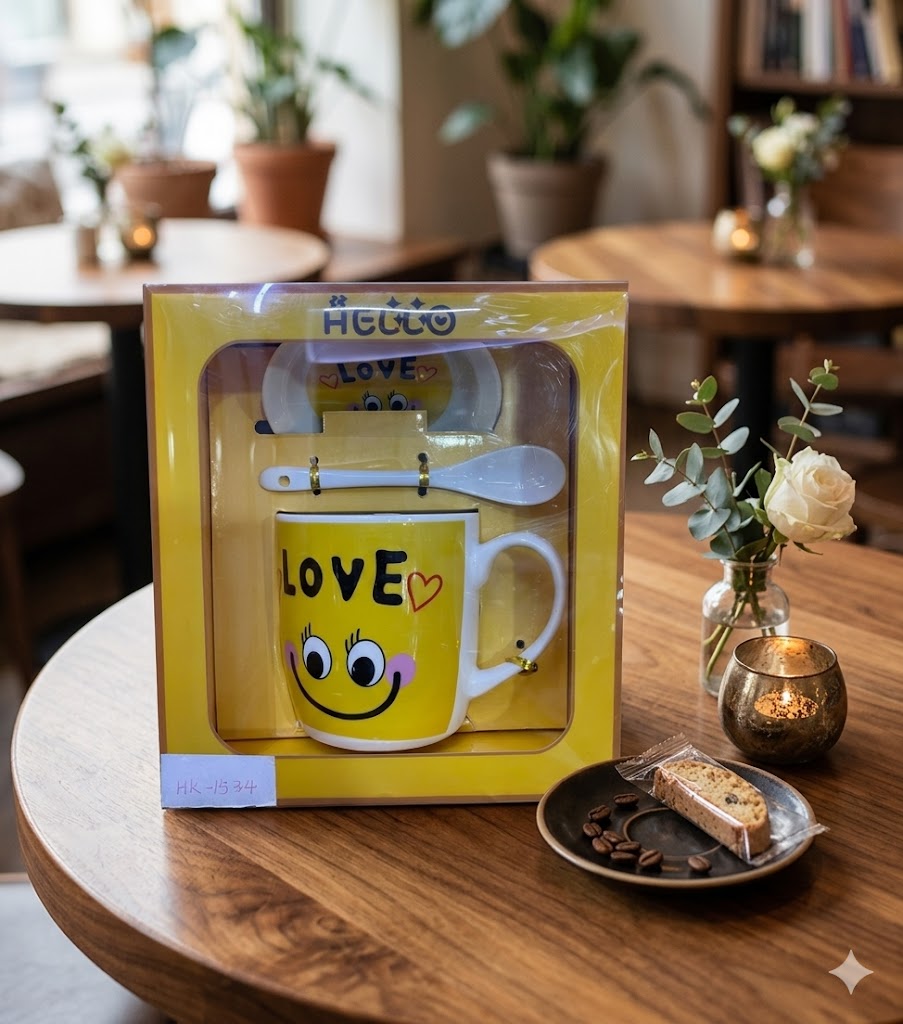 3376 ( Happy Smile Love Mug Gift Set with Spoon & Plate – Yellow Edition ) PcsCtn.60