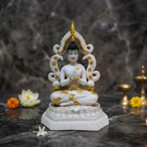 4023 ( Serene White & Gold Marble-Finish Meditating Buddha (Anjali Mudra) )
