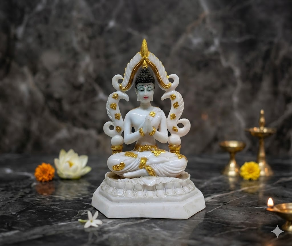 4023 ( Serene White & Gold Marble-Finish Meditating Buddha (Anjali Mudra) )