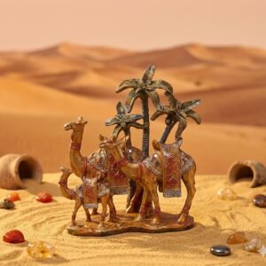 6NO CAMEL ( Royal Desert Camel Caravan Sculpture with Palm Trees ) Height-13 INCH | Width-10 INCH