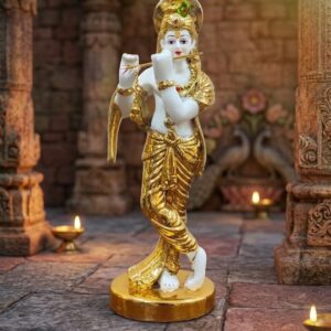 812 ( Elegant Gold & Marble Finish Lord Krishna Flute Idol – Premium Decorative & Spiritual Statue )