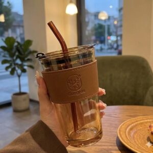 AR1434 ( Luxury Amber Glass Tumbler with Straw & Leather Grip Sleeve ) PcsCtn.58