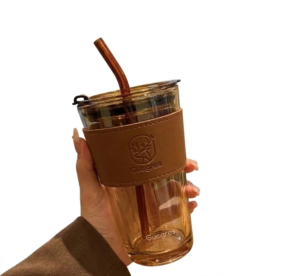 AR1434 ( Luxury Amber Glass Tumbler with Straw & Leather Grip Sleeve ) PcsCtn.58 - Image 2
