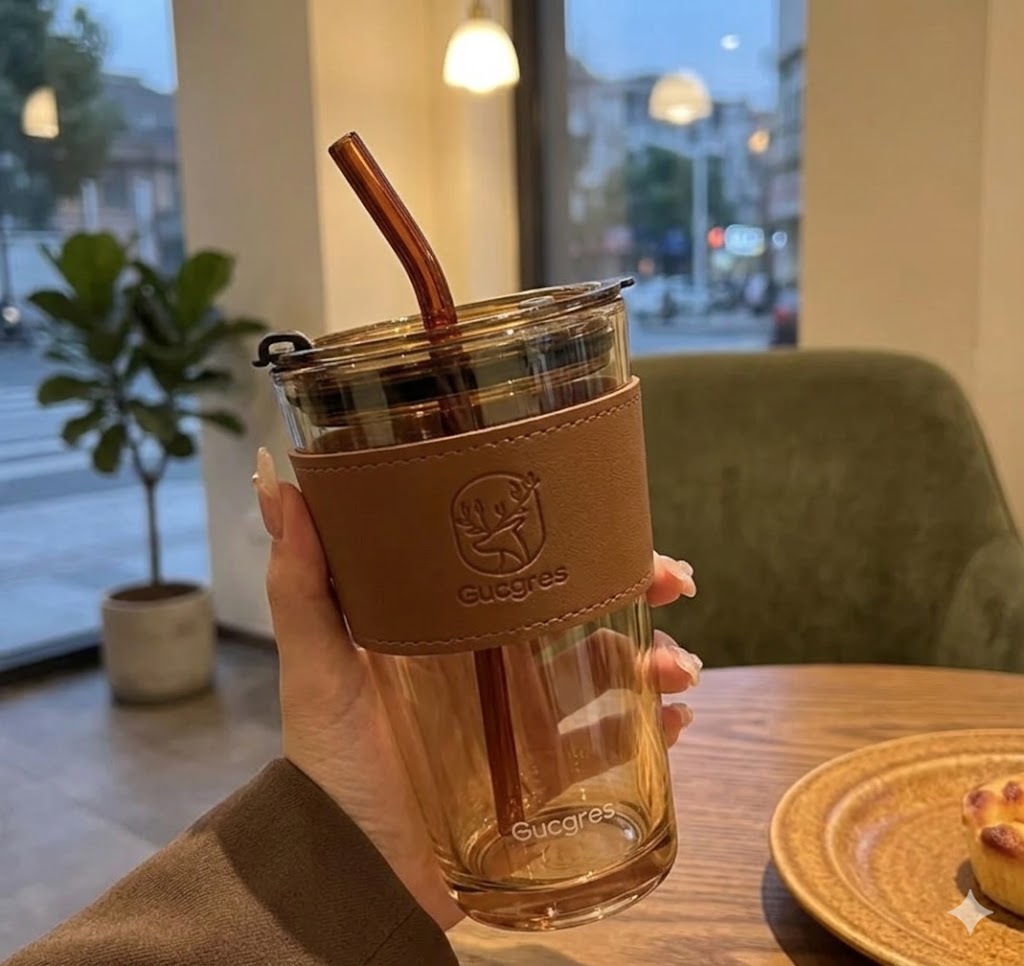 AR1434 ( Luxury Amber Glass Tumbler with Straw & Leather Grip Sleeve ) PcsCtn.58